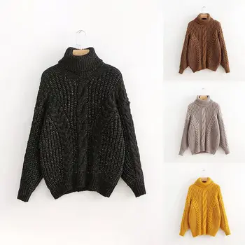 

Women High Street Turtleneck Sweaters Knitwear Autumn Winter Pullover Solid Color Yellow Sweater Femme Jumper