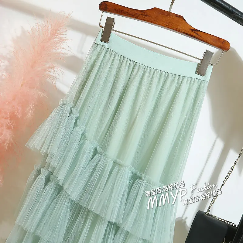 Лето осень новая многослойная Тюлевая юбка Женская Корейская длинная Плиссированная юбка макси Женская длинная Розовая белая юбка солнце