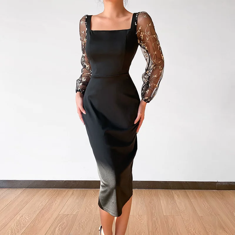 Ball Black Dress For Women Lace Translucent Sleeve See Through Patchwork Tunics Female Elegant Prom Party Formal Attire Ball Black Dress For Women Lace Translucent Sleeve See Through Patchwork Tunics Female Elegant Prom Party Formal Attire