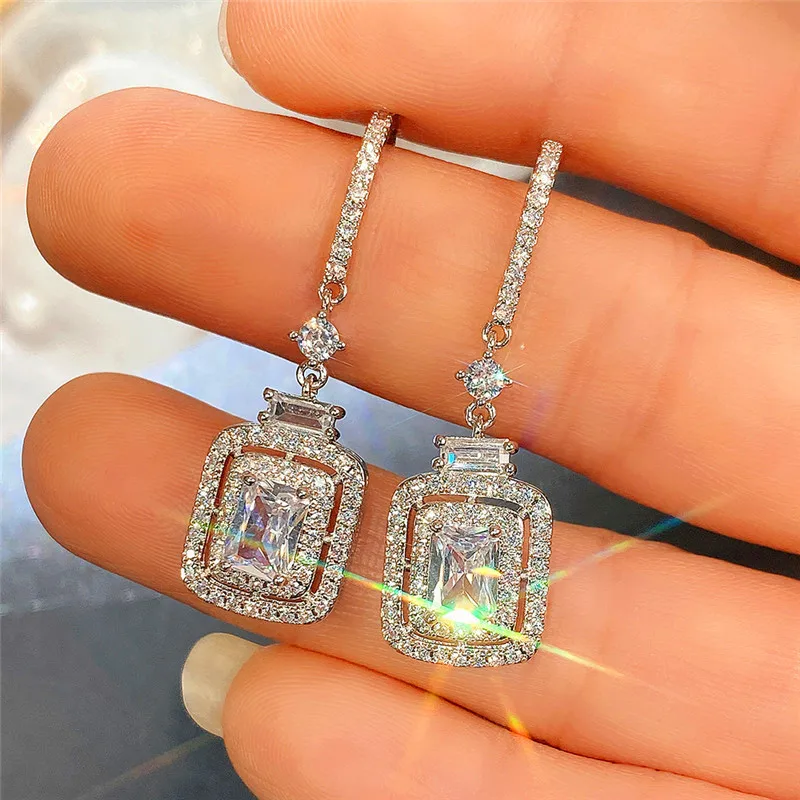 Huitan Luxury Crystal Cubic Zirconia Drop Earrings for Women Elegant Wedding Accessories Party Female Fashion Jewelry Wholesale