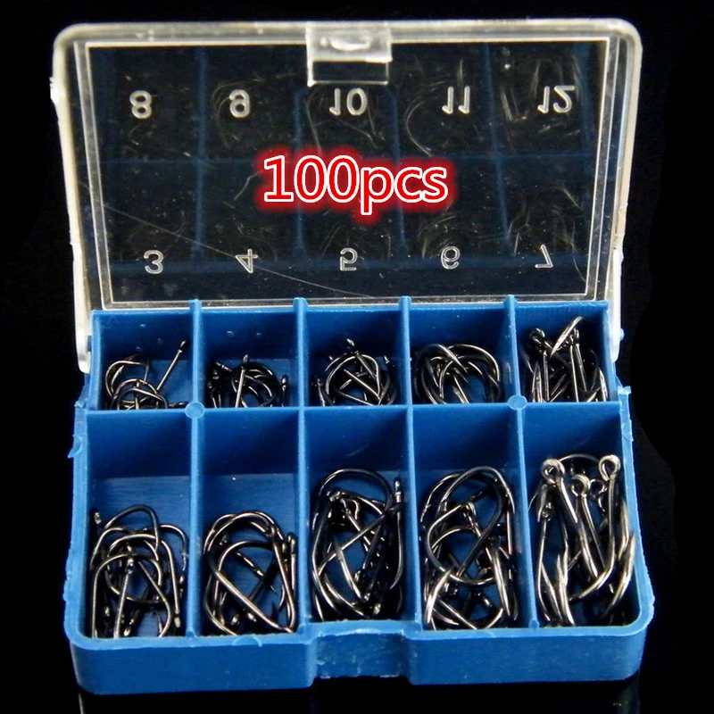 100pcs in box Fish Hooks with Hole Fishing Tackle Box 3-12 Sizes Carbon Steel