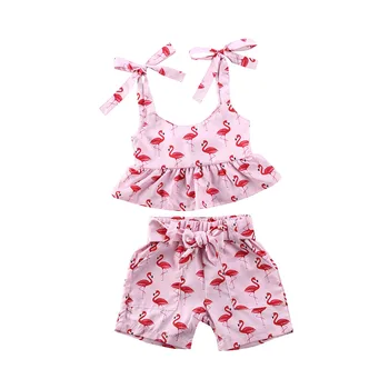 

0-24Months 3pcs Flamingo printed Set for New born infant baby girls summer clothes Sling Ruffle Tops+ Skirts +Headband