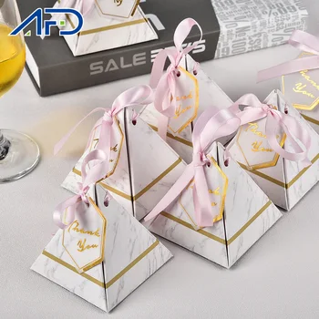 

20/50/100pcs Pyramid DIY Candy Box Wedding Baptism Baby Shower Gift Boxes with THANKS Card Ribbon Xmas Halloween Party Supplies