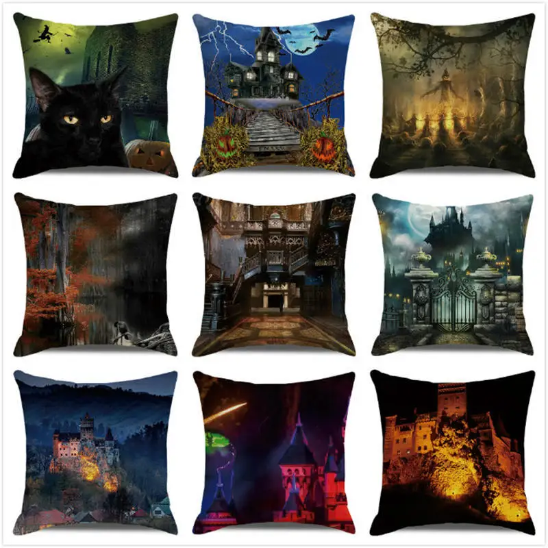 

Happy Halloween Decor Horror Ancient Castle Throw Pillow Case Linen Sofa Seat Cushion Cover Festival Party Home Decor Pillowcase