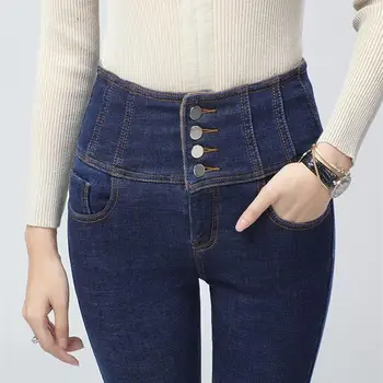 

High Waist Skinny Pencil Jeans Winter Warm Thick Plus Size Stretch Jeans Button Ladies Women Jeans Denim Pants