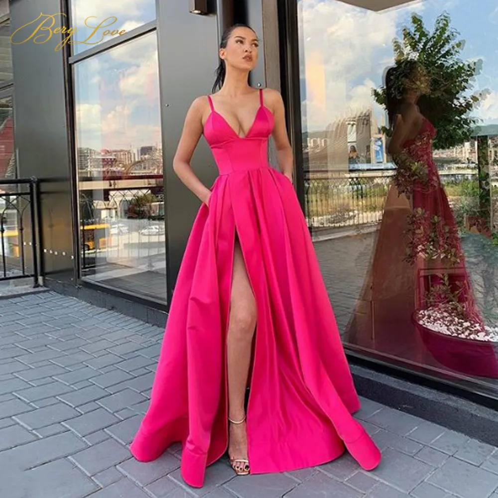 BeryLove Fushia Формальное вечернее платье Спагетти ремни высокий Sli вечернее платье длинное платье для выпускного вечера Robe De Soire
