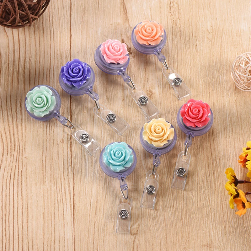 10pcs Beautiful Colorful Rose Flowers Retractable Badge Reels Card Holder Girls Nurse Exhibition Name Card Clips Stationery