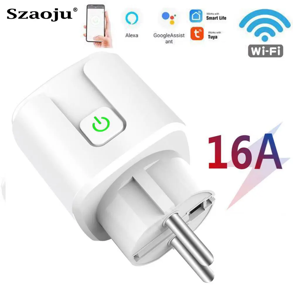 Szaoju EU Tuya WiFi  Smart Plug 16A 220V Adapter Wireless Remote Voice Control Power Monitor Timer Socket for Google Home Alexa