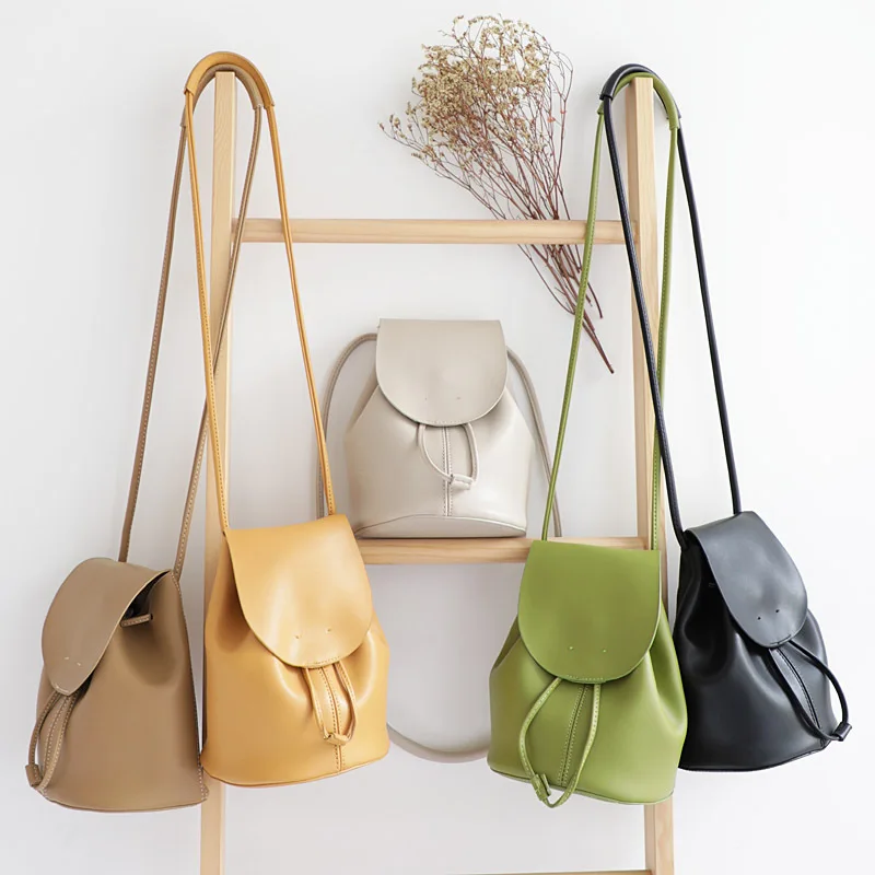 

Simple Drawstring Bucket Bag Casual Soft Leather Shoulder Bag Japanese Style Messenger Bag Crossbody Bags for Women