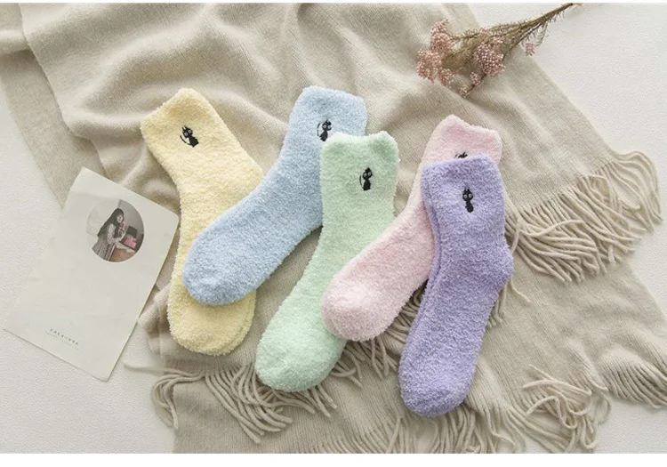Женские носки с котом, носки с мультяшным рисунком, коралловый флис, теплые, милые, милые, забавные, милые, модные, повседневные, корейские, дышащие, пот