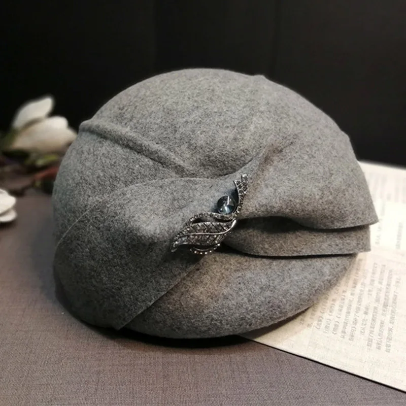 Gray Новинка, австралийские шерстяные женские шапки, Теплые Зимние береты, шапки бини, стразы, украшение для церкви, свадебное платье, женская шапка, 9 цветов - Цвет: Gray