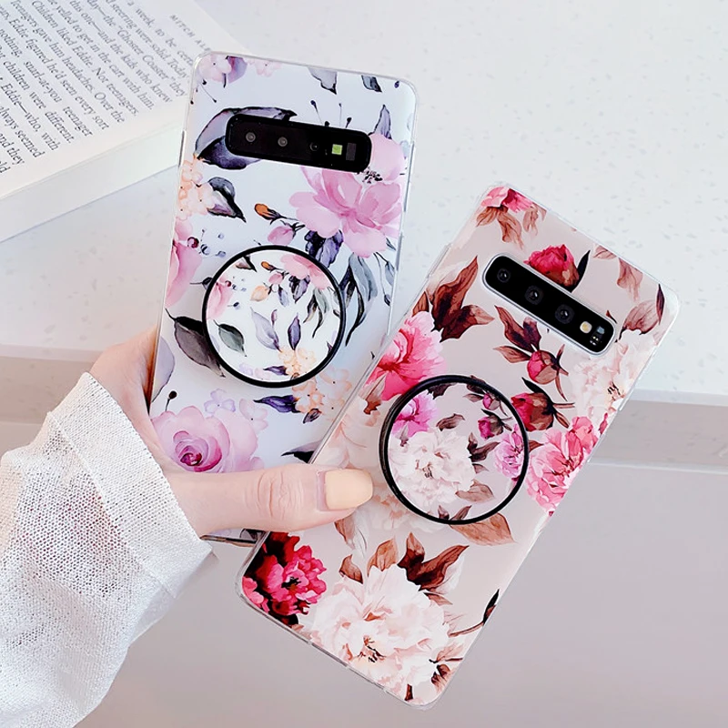 Leaf Flower Case For Samsung Galaxy S10 S10e S9 S8 Plus A50 A70 A40 Back Cover Stand Holder Silicone Coque |