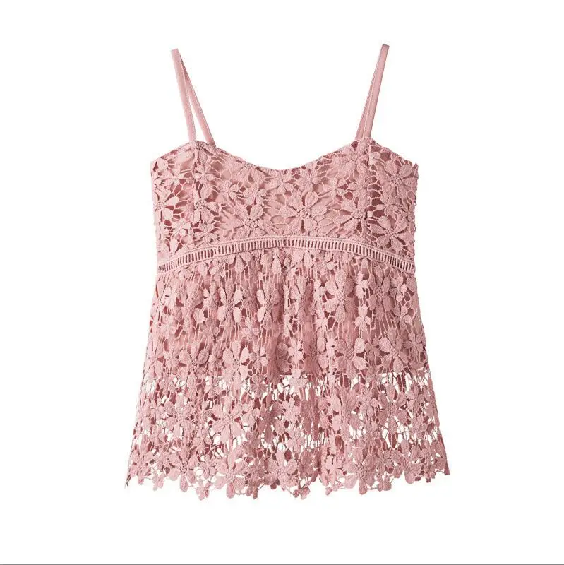 Pink Летние женские короткие топы белого, розового и черного цветов, новые корейские женские модные сексуальные кружевные топы с цветочным рисунком - Color: Pink
