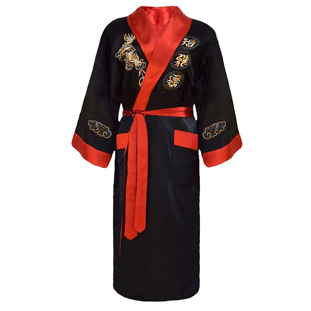 Традиционная китайская женская ночная рубашка унисекс Повседневная Мягкая атласная пижама кимоно платье изысканная вышивка дракон Свадебный Халат