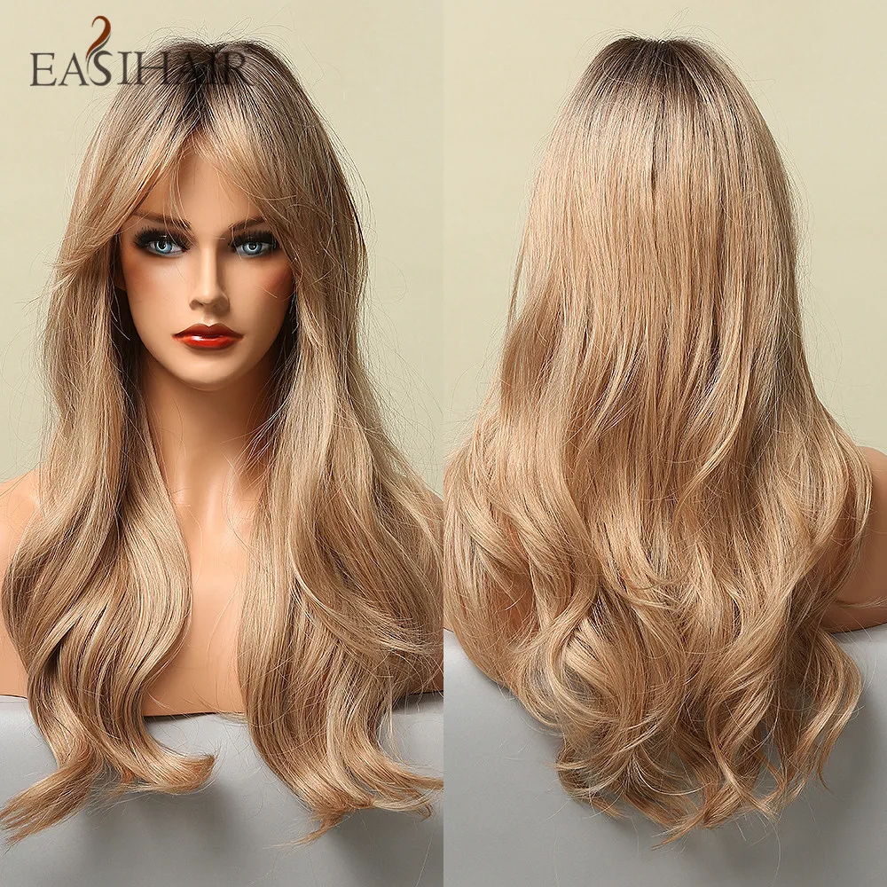 Easihair Long Blonde Wavy Wigs With Middle Part Bangs Dirty Blonde Heat