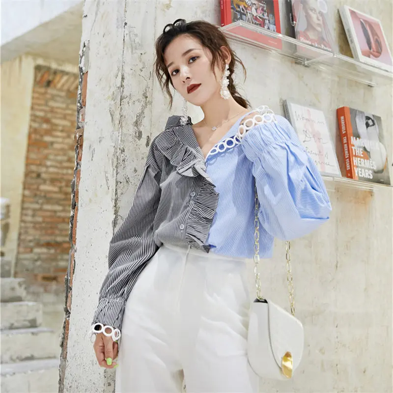 

Hzirip Fresh Sweet Vintage Irregular Fashion Patchwork Striped Office Ladies V-Neck Loose Women Casual Plus All-Match Shirts