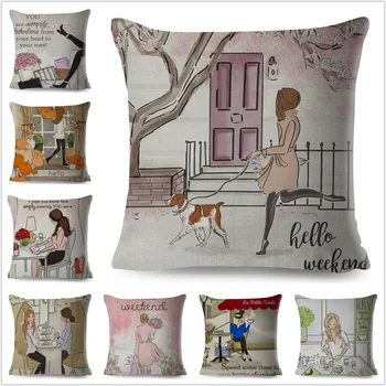 

Nordic Simple style Cute Cartoon Girl Cushion Cover Pillow Case 45*45cm Covers Decor Letter Linen Pillows Pillowcase