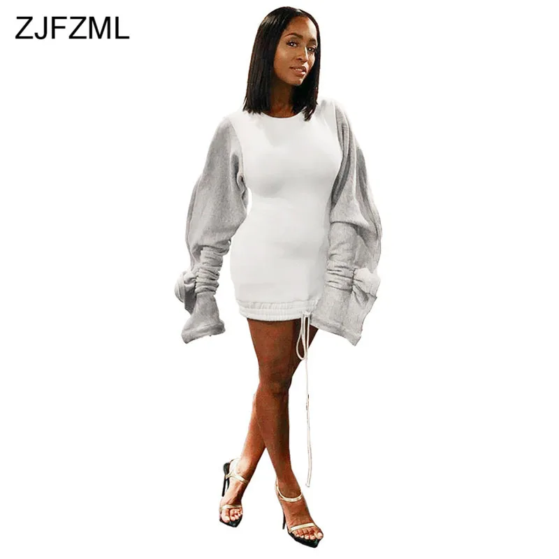 

Ruffle Puff Sleeve Casual Hoodie Dress Women Drawstring Split Long Sleeve Sweatshirt Dress Autumn Winter Fleece Plus Size Dress