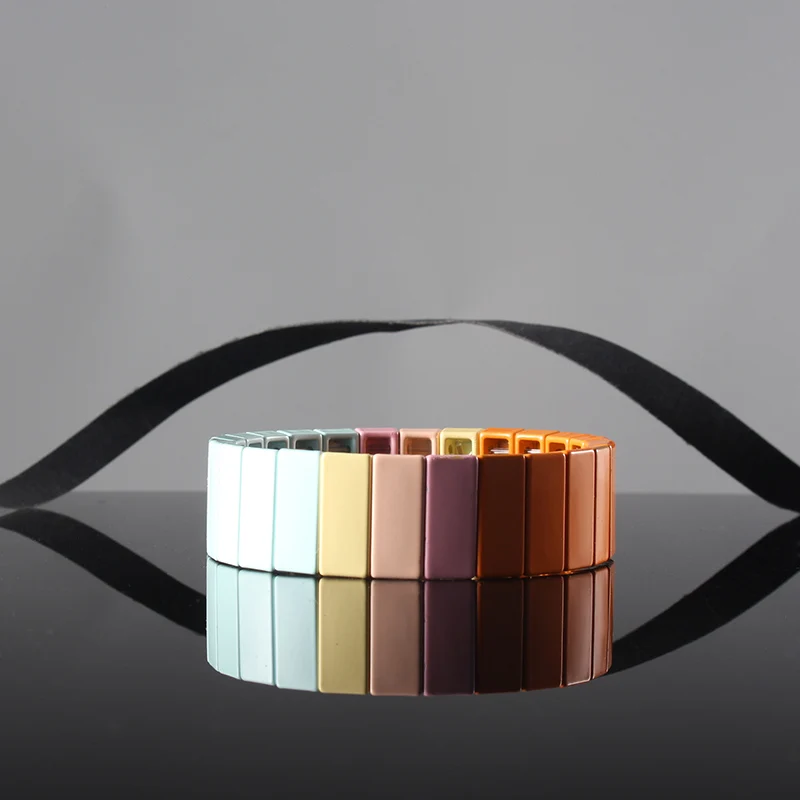 

Bohemia Enamel Tile Bracelet Elastic Rainbow Stackable Tile beads woman Bracelet valentines day girl friend Gift