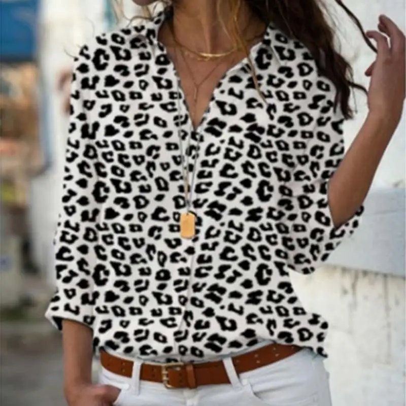 Leopard Модный Элегантный Леопардовый принт 1 шт. желтый удобный белый мягкий синий эластичный цветочный принт шифон длинный рукав женские Топы Блузки - Цвет: Leopard