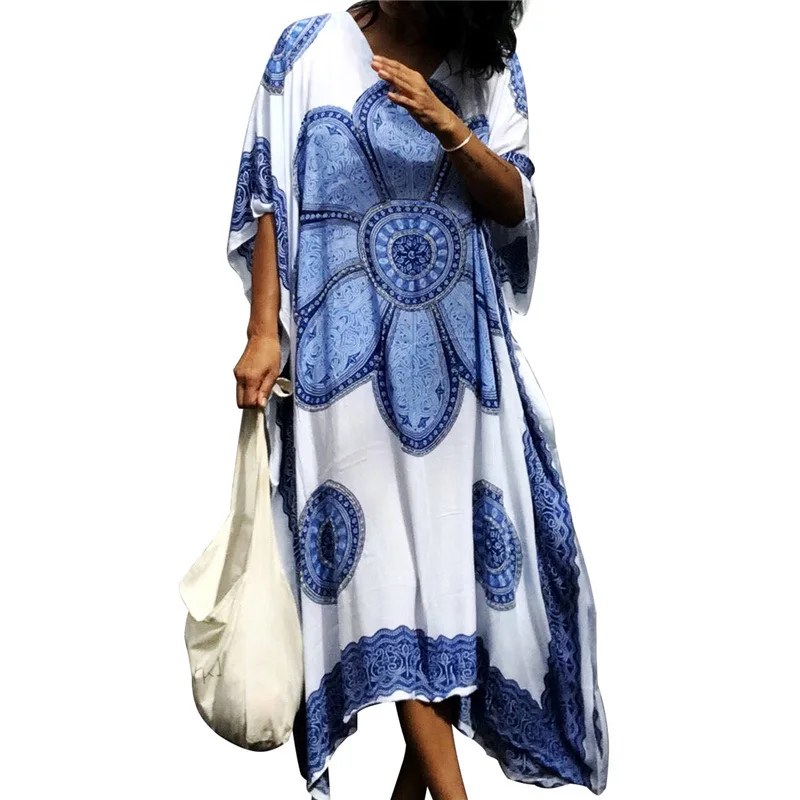 Indie Folk Long Kaftan Summer Beach Dress Women Clothing Large Size Beachwear Cover ups Robe de Plage Saida de Praia #Q288