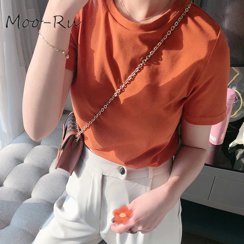 

Moo-Ru 2020 Spring New Solid Color T-shirt with Round Collar and Short Sleeves and Korean Version with Thin Base and Jacket