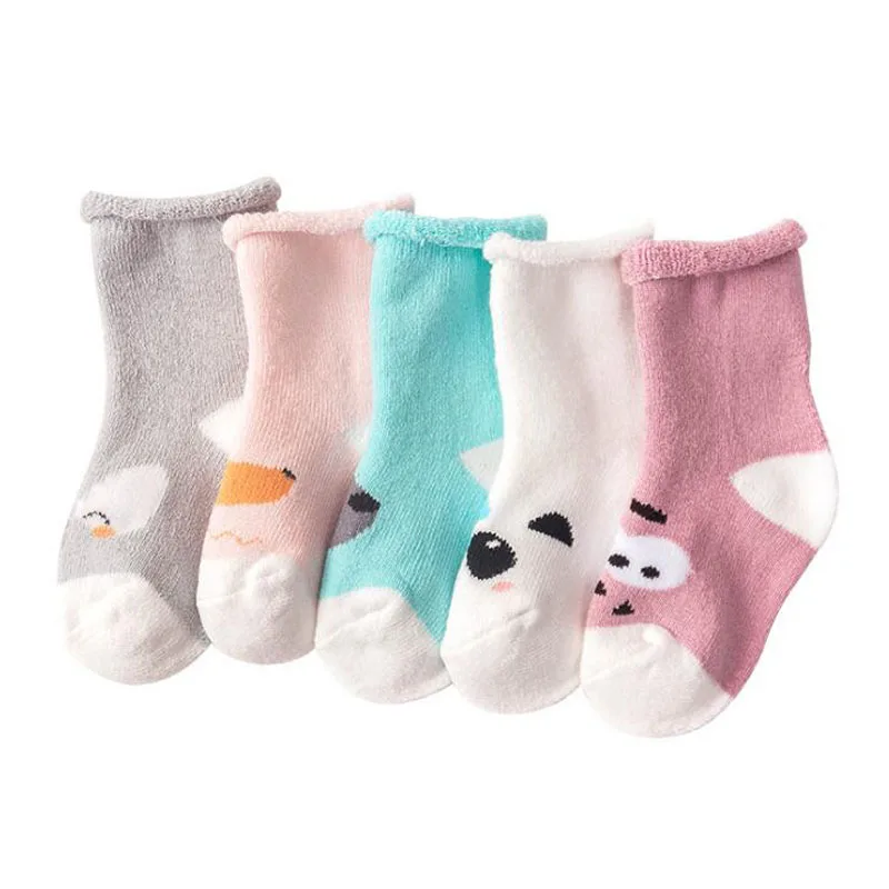 5 пар, новинка, хлопковые нескользящие носки для малышей, милые толстые носки-тапочки для малышей - Цвет: 5Pair