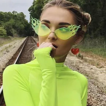 

Luxury Flame Sunglasses Women Cat Eye Rimless Men Sun Glasses Luxury Trend Neon Green Eyeglasses Street Eyewear UV400
