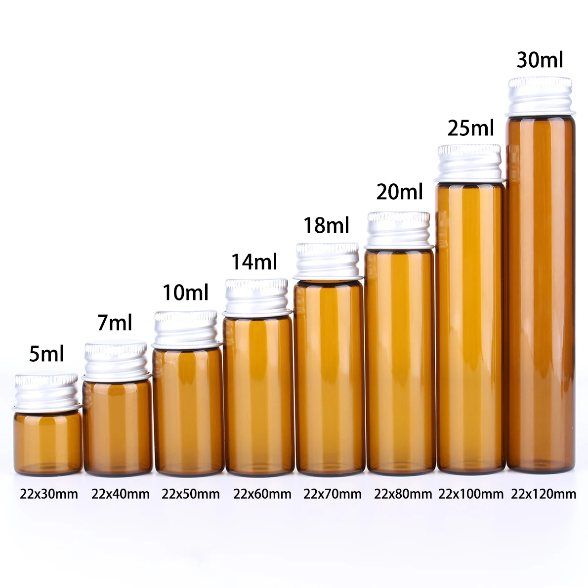 50 pieces 5ml/7ml/10ml/14ml/18ml/20ml/25ml/30ml Amber Glass Potion Bottles with Aluminium Lids Small Jars Vials 8 Sizes U-pick 2