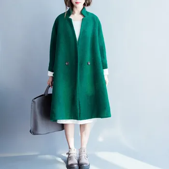 

Johnature Korean Fashion Women Clothes Wool Coats 2020 Winter New Thicken Casual V-neck Button Pocket Loose Female Coats