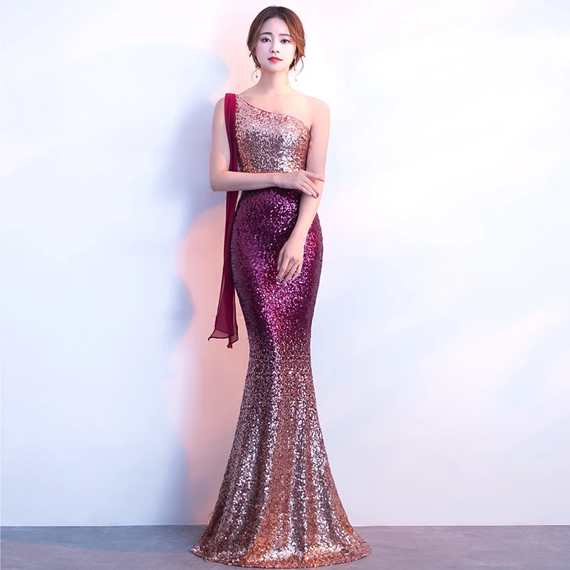 

Sequin Ladies Evening Dress Sweet One Shoulder Elegant Long Banquet Dinner Dress Party Prom Dress Vestido De Festa