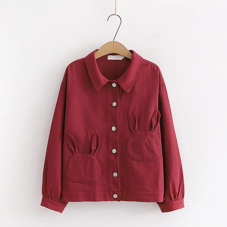 

Autumn Students Rabbit Pocket Jeans Coat Women's Short New Style Korean-style Loose-Fit Wine Denim Top S28772