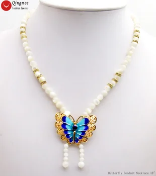 

Qingmos 40*30mm Cloisonne Butterfly Pendent Necklace for Women with 6mm White Shell Beads Necklace Jewelry Chokers 18'' nec6575