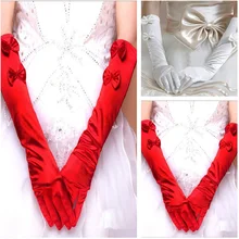 Элегантные женские Дешевые Свадебные перчатки длинные свадебные перчатки белые красные атласные перчатки на палец для невесты Аксессуары до локтя с бантами