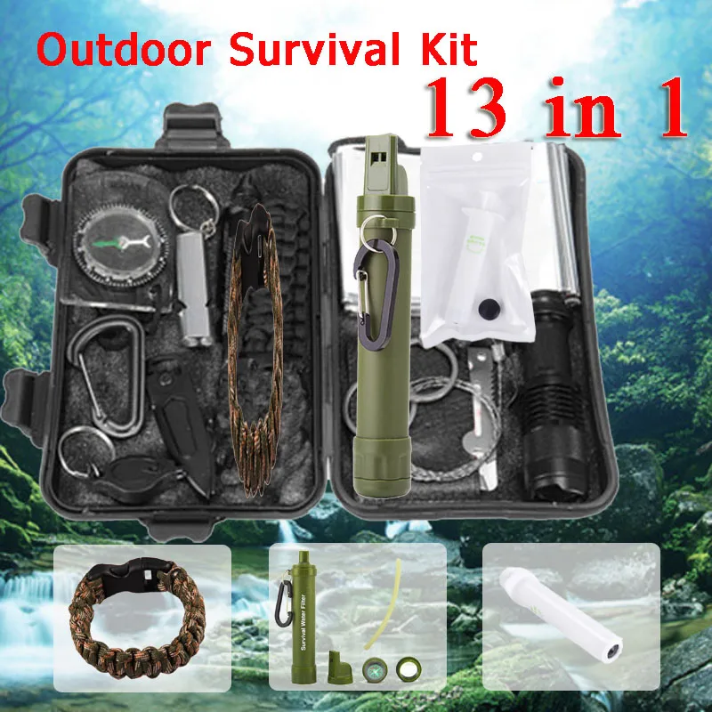 

Outdoor Survival Kit Set Camping Travel Multifunction First Aid SOS EDC Emergency Tactical Wilderness Tool with Water Filter
