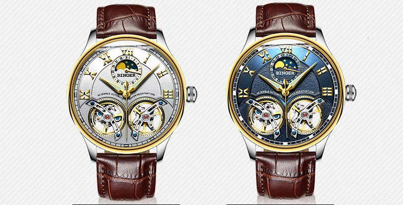 Швейцарские часы с двойным турбийоном, Бингер, Мужские автоматические механические наручные часы, кожа, relogio masculino