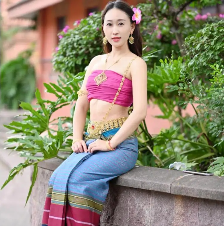 

YunNan Thailand Traditional Ethnic Clothing for Women Sleeveless Bra Skirt for Thai Style Clubhouse Greeter Clothes Dai costume