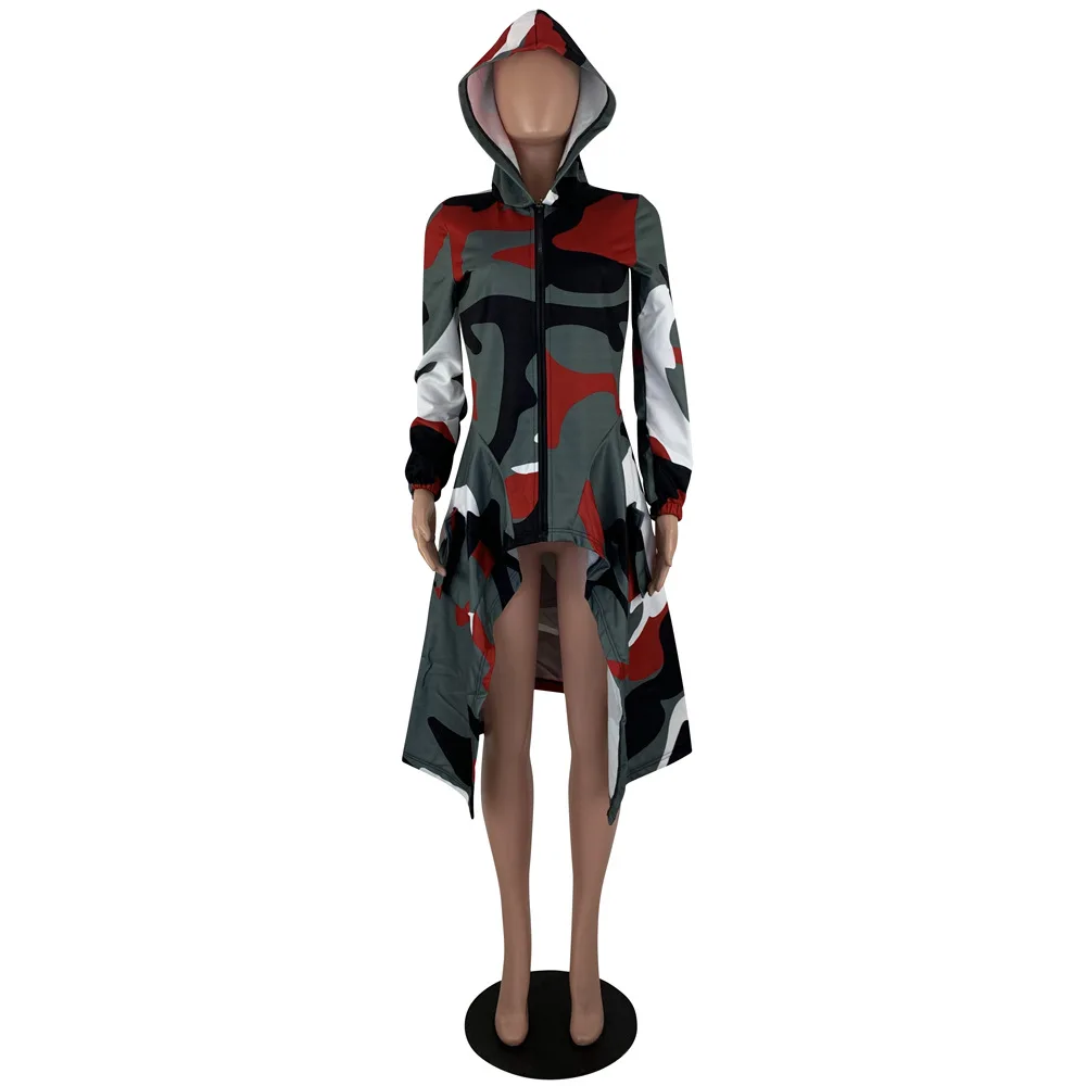 camo red HAOYUAN, камуфляжные толстовки, Женская Осенняя праздничная одежда, худи с длинным рукавом, топы с капюшоном, толстовка на молнии, негабаритное платье с капюшоном - Цвет: camo red