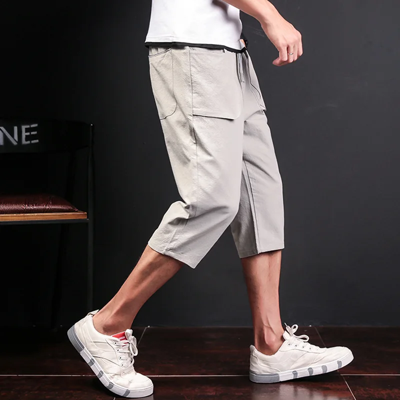 

Summer Japanese-style Men'S Wear Capri Pants Solid Color Harem Casual Pants Men's mian ma da Pocket Capris