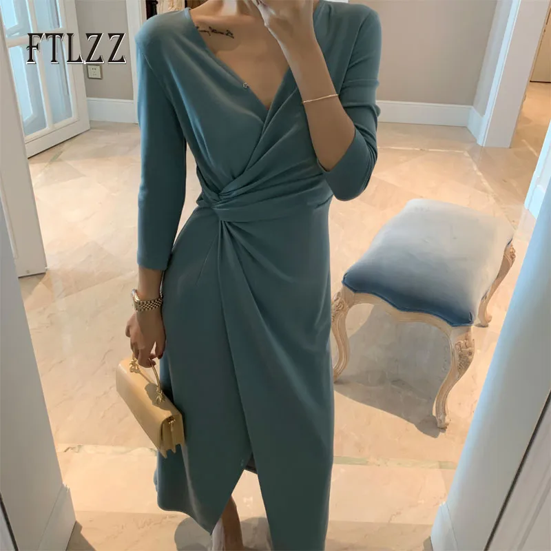 

Elegant ladies v neck long robe vestidos mujer 2019 new autumn slim 3/4 sleeved Irregular knitted dress women vintage dresses