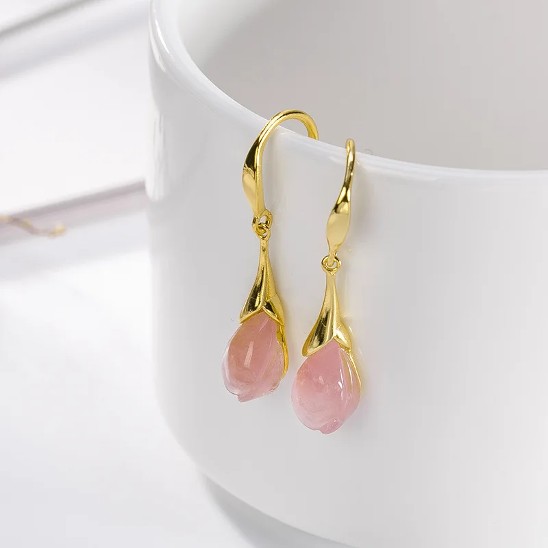 

LATS Real 925 Sterling Silver Gold Plated Drop Earrings Natural Pink Crystal Orchid Earrings for Women Fine Jewelry Earings