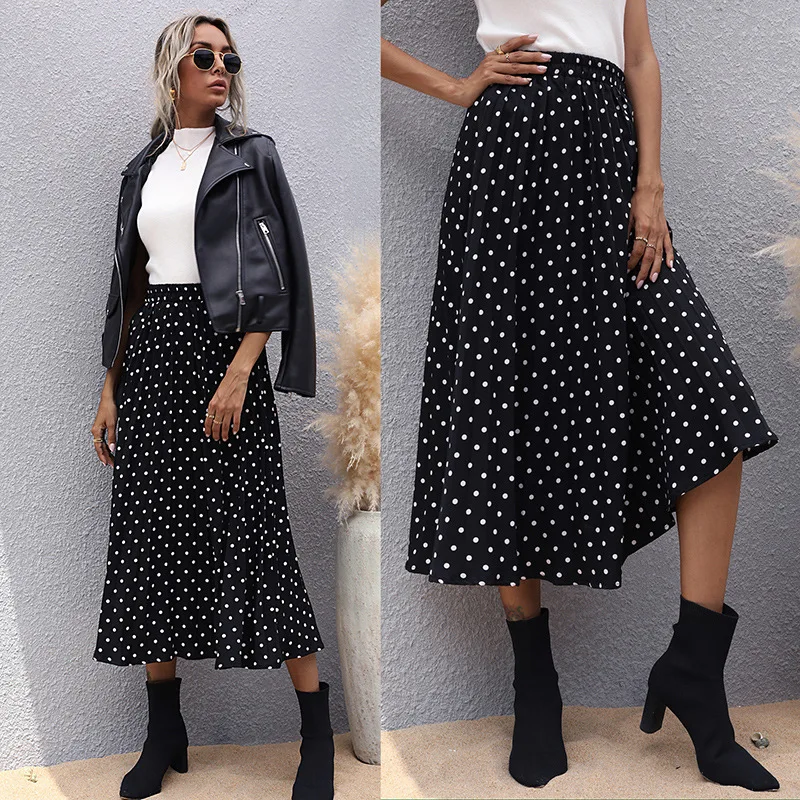 

New Slim Black Medium Length Pleated Wave Point Skirt for Women