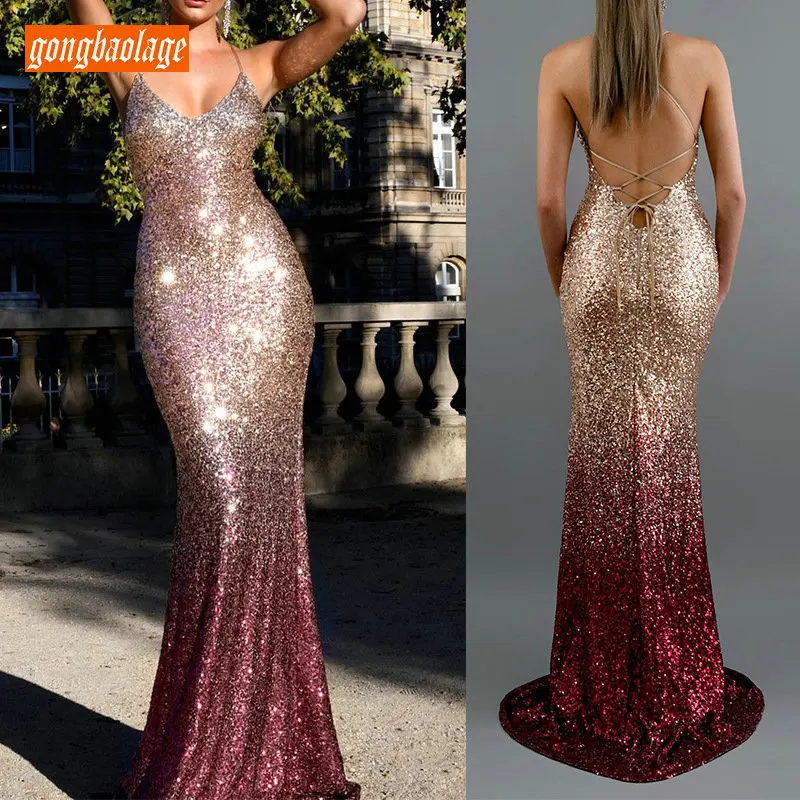 

Sexy Mermaid Long Prom Dresses Sequined Spaghetti Strap Slim fit Cheap Prom Gowns Floor Length Backless Formal Dress Women Party