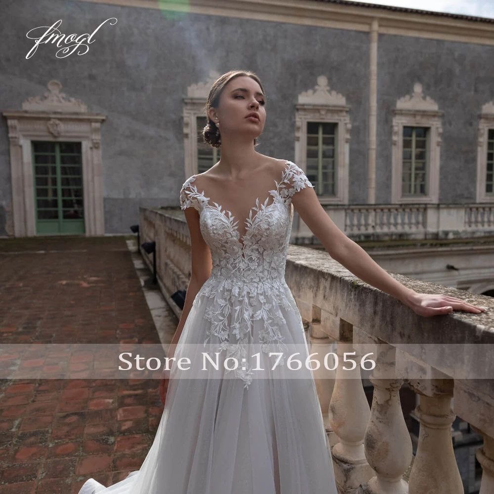 Fmogl Vestidos De Noiva Sexy Backless A Line Wedding Dresses 2022 Luxury Scoop Neck Cap Sleeve Sweep Train Appliques Bride Gown ball gown wedding dress