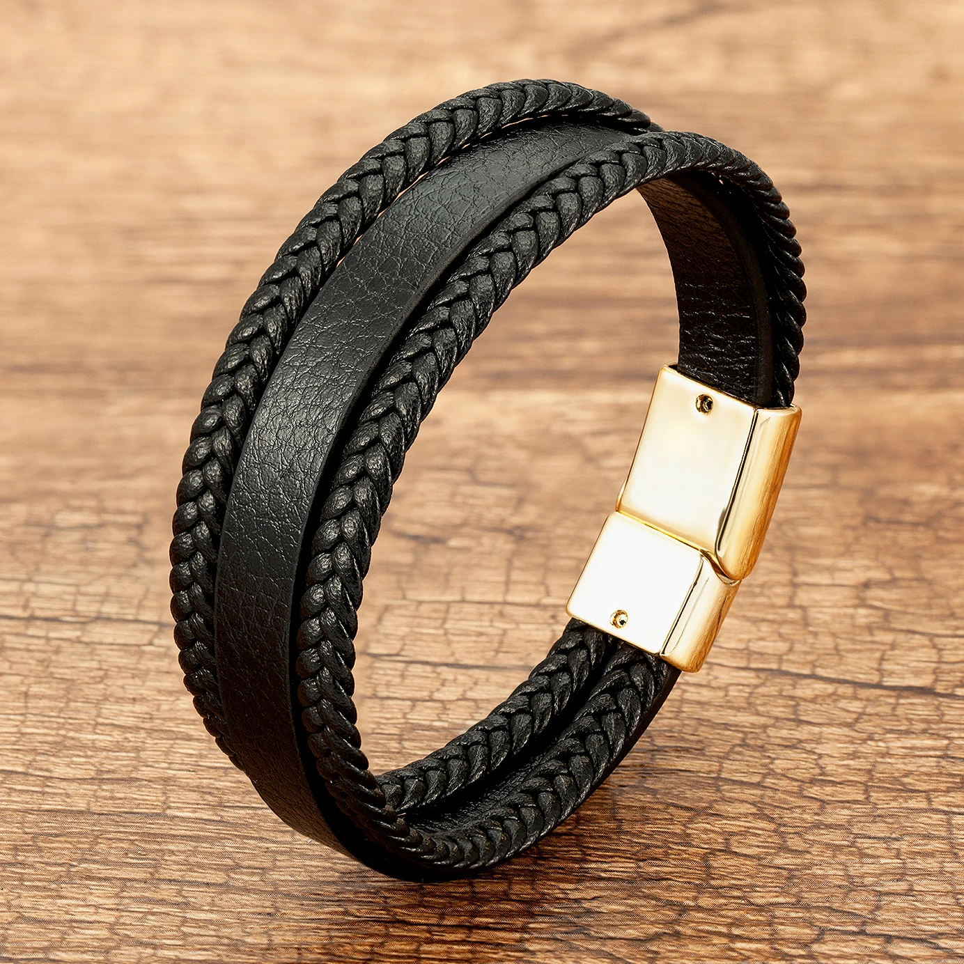 Trendy Weave Genuine Leather Men Bracelet Black/gold/white Magnetic Clasp Multi Layer Braid Rope Chain Classic Men's Jewelry - Image 4