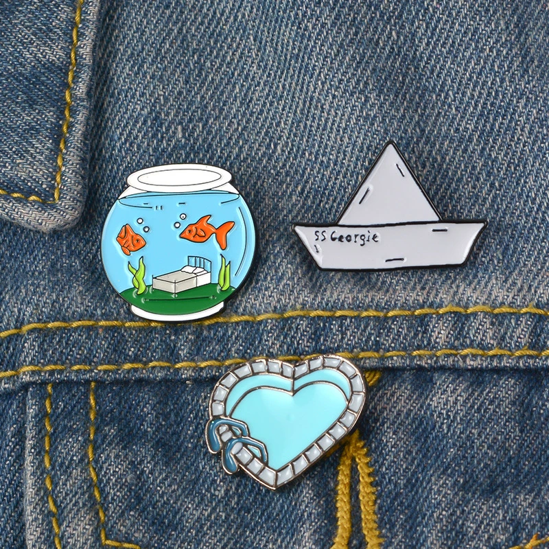 Мультфильм садок для рыбы бумажный кораблик эмали штырь сердце бассейн значок нагрудный знак брошь джинсовая рубашка с воротником, раздел-одежда для детей; подарки на день рождения
