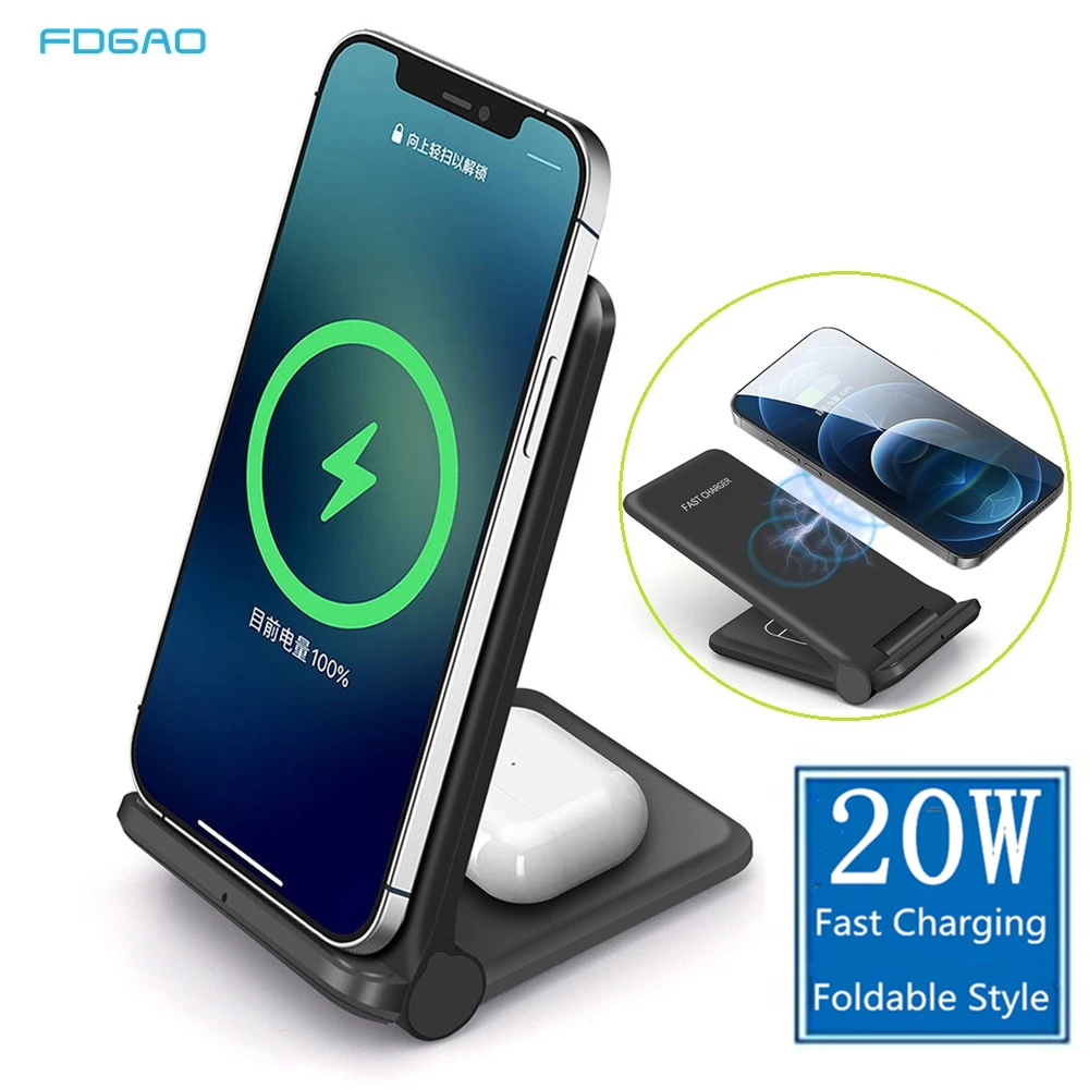 2 in 1 20W Qi Wireless Charger Dock for Samsung S21 S20 S10 Dual Fast Charging Stand Pad For IPhone 12 11 XS XR X 8 Airpods Pro
