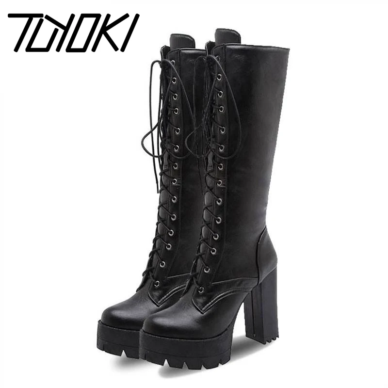 

Toyoki Fashion Cross Strap Knee High Boots For Women Platform Thick High Heels Shoes Winter Warm Women Footwear Size 34-43