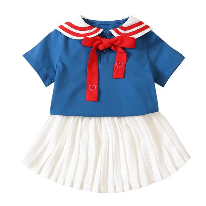 

DFXD New Summer 2pc Girls Skirt Set Navy Wind Children Clothing Sets Bow Short Sleeve T-shirt Tops Pleated Skirts 2-7T Outfits