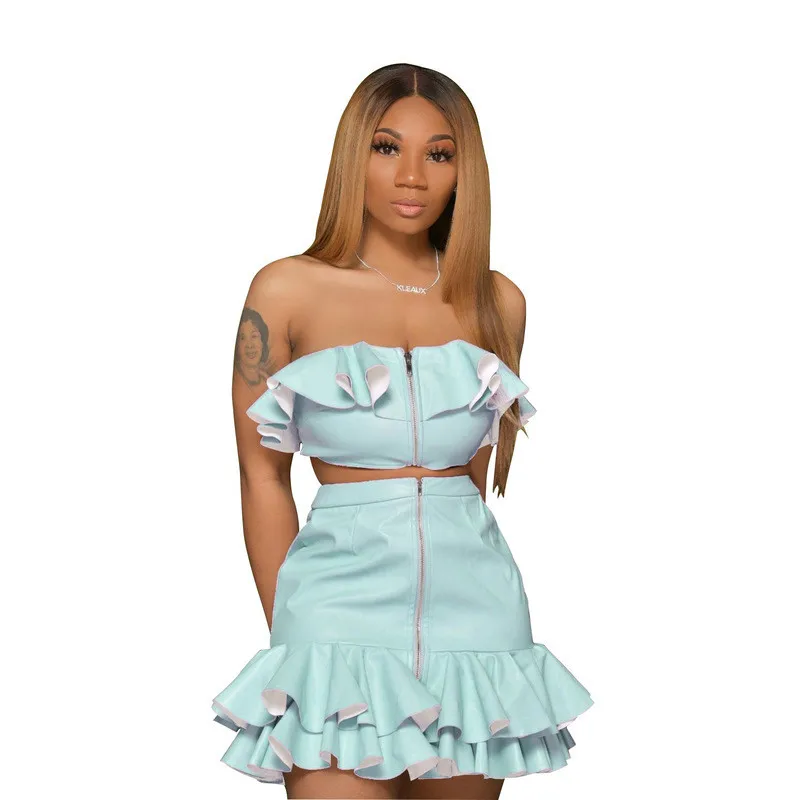 

Sexy PU Leather Summer Two Piece Set Bandage Dress Women Ruffles Patchwork High Waist Dress Zipper Up Backless Club Party Dress